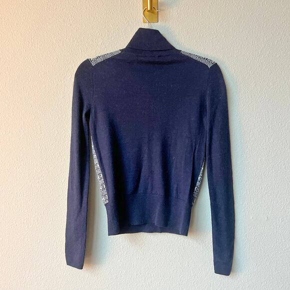 Tory Burch Navy Blue Chain Link Print Wool Turtleneck Sweater Size XS - Picture 2 of 5